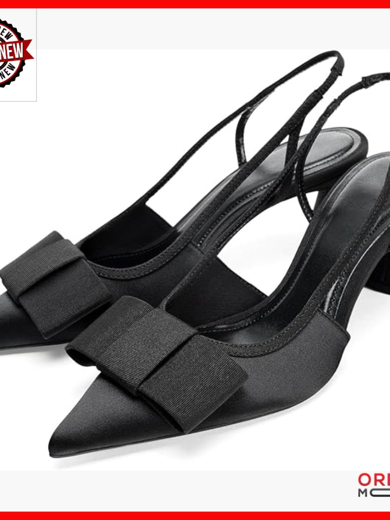 Satin Slingback Pumps With Bow Detail, Low Block Heel Dress Shoes